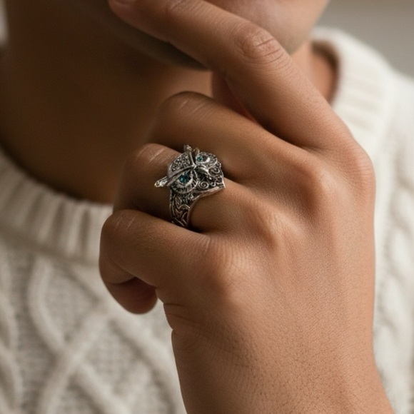 TERRA GEMMS Jewelry - TERRA GEMMS Studio Series Silver Plated Owl Ring Blue Gem Eyes